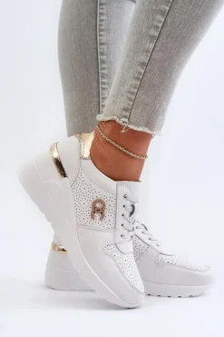 Damskie buty S.Barski Sneakersy Damskie*Damskie Skórzane Sneakersy Na Koturnie Białe D&A LR810