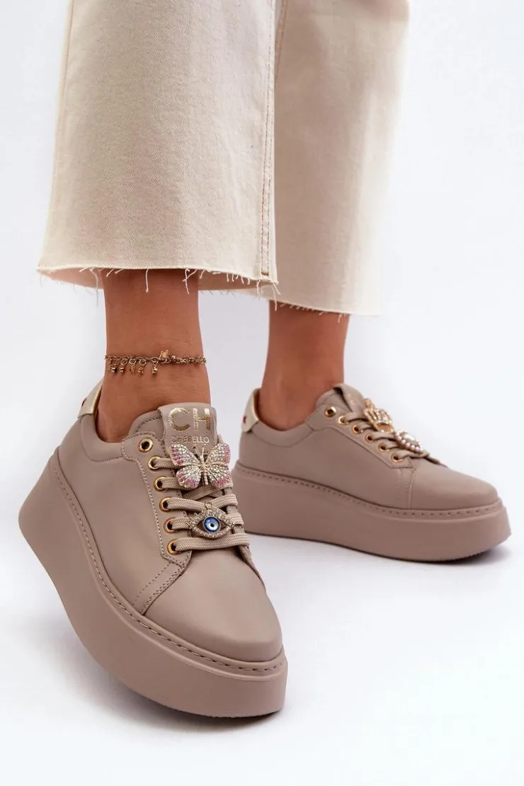 Sale CheBello Damskie Skórzane Sneakersy Z Ozdobami 4292 Beżowe