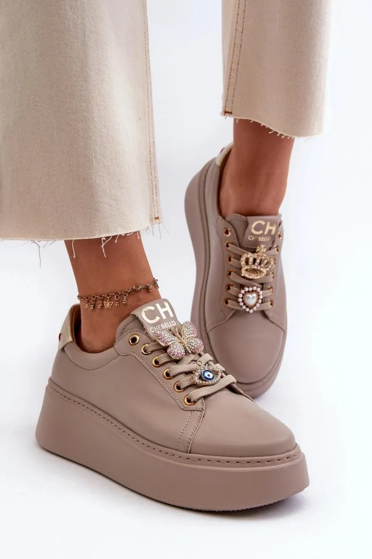Sale CheBello Damskie Skórzane Sneakersy Z Ozdobami 4292 Beżowe