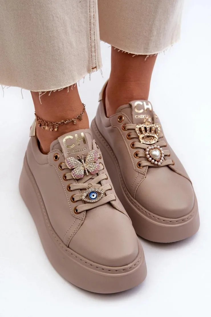 Sale CheBello Damskie Skórzane Sneakersy Z Ozdobami 4292 Beżowe