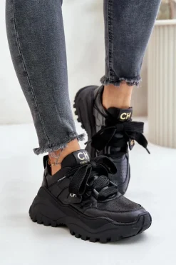 CheBello Buty Sportowe Na Platformie*Damskie Skórzane Sneakersy Czarne 4583