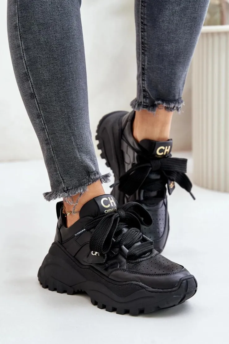 CheBello Buty Sportowe Na Platformie*Damskie Skórzane Sneakersy Czarne 4583