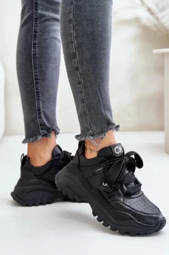 CheBello Buty Sportowe Na Platformie*Damskie Skórzane Sneakersy Czarne 4583
