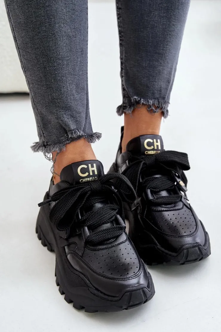 CheBello Buty Sportowe Na Platformie*Damskie Skórzane Sneakersy Czarne 4583