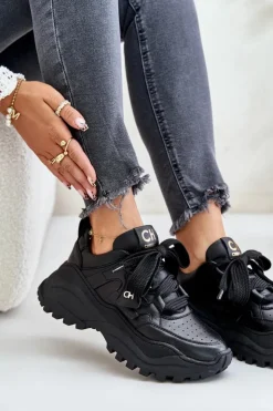 CheBello Buty Sportowe Na Platformie*Damskie Skórzane Sneakersy Czarne 4583