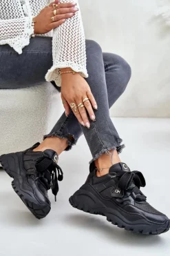 CheBello Buty Sportowe Na Platformie*Damskie Skórzane Sneakersy Czarne 4583