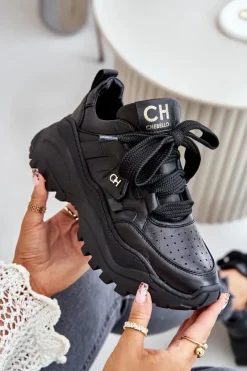 CheBello Buty Sportowe Na Platformie*Damskie Skórzane Sneakersy Czarne 4583