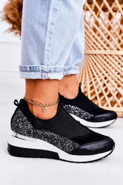 Clearance Boto Damskie Skórzane Sneakersy Na Koturnie Czarne Srebrne Frances