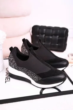 Clearance Boto Damskie Skórzane Sneakersy Na Koturnie Czarne Srebrne Frances