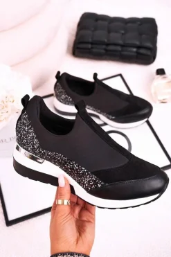 Clearance Boto Damskie Skórzane Sneakersy Na Koturnie Czarne Srebrne Frances