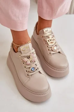 Damskie CheBello Damskie Skórzane Sneakersy Na Platformie Z Ozdobami 4585 Beżowe