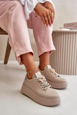 Damskie CheBello Damskie Skórzane Sneakersy Na Platformie Z Ozdobami 4585 Beżowe