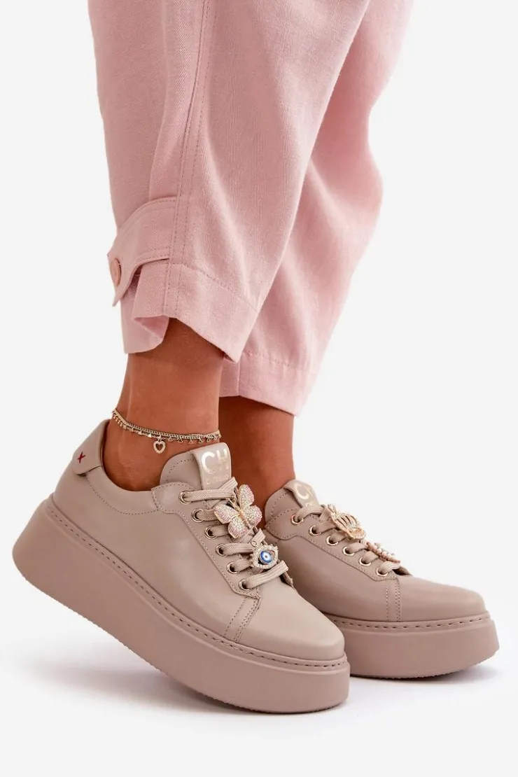 Damskie CheBello Damskie Skórzane Sneakersy Na Platformie Z Ozdobami 4585 Beżowe