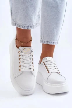 CheBello Buty Sportowe Na Platformie*Damskie Skórzane Sneakersy Na Platformie 4367 Białe