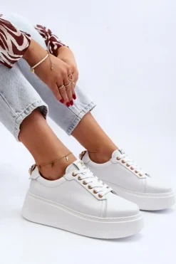 CheBello Buty Sportowe Na Platformie*Damskie Skórzane Sneakersy Na Platformie 4367 Białe