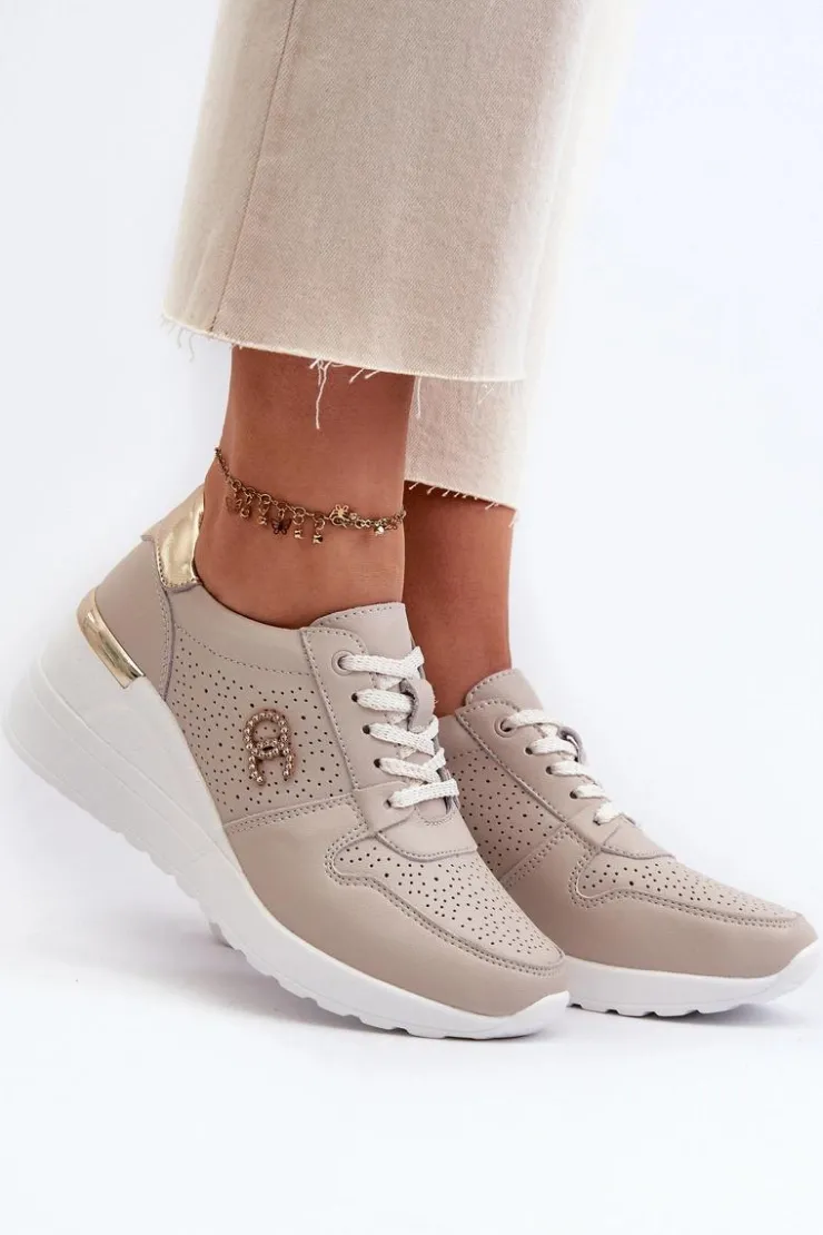 Damskie buty S.Barski Sneakersy Damskie*Damskie Skórzane Sneakersy Na Koturnie Beżowe S.Barski LR810 Beżowy