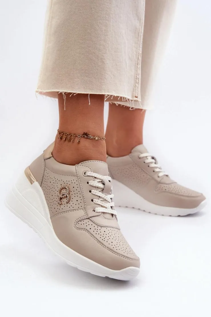 Damskie buty S.Barski Sneakersy Damskie*Damskie Skórzane Sneakersy Na Koturnie Beżowe S.Barski LR810 Beżowy