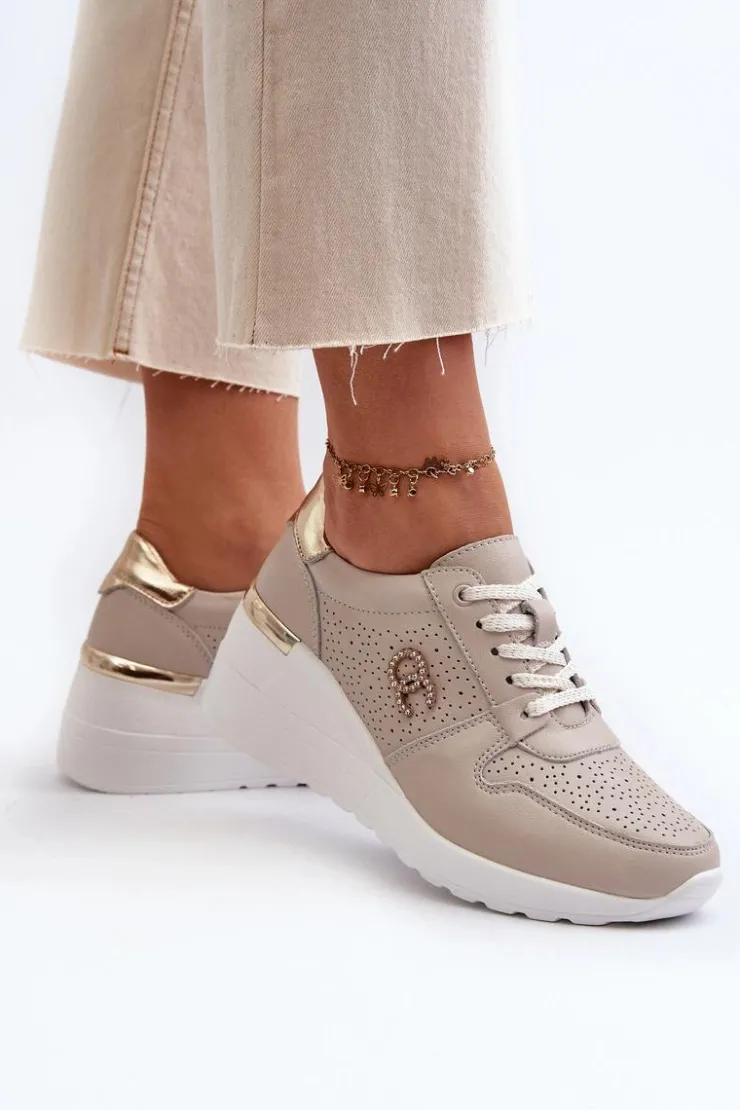 Damskie buty S.Barski Sneakersy Damskie*Damskie Skórzane Sneakersy Na Koturnie Beżowe S.Barski LR810 Beżowy