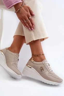 Damskie buty S.Barski Sneakersy Damskie*Damskie Skórzane Sneakersy Na Koturnie Beżowe S.Barski LR810 Beżowy