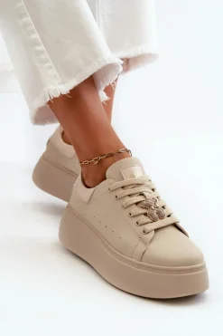 Buty damskie Vinceza Sneakersy Damskie*Damskie Skórzane Sneakersy Na Platformie Z Misiem Beżowe Vinceza 66641