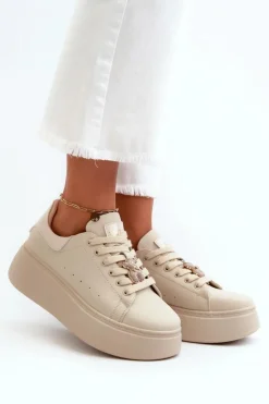 Buty damskie Vinceza Sneakersy Damskie*Damskie Skórzane Sneakersy Na Platformie Z Misiem Beżowe Vinceza 66641