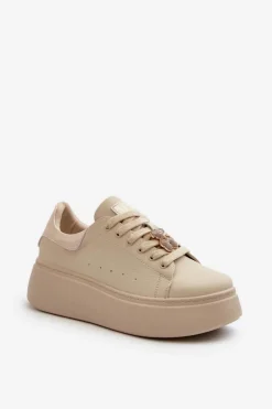 Buty damskie Vinceza Sneakersy Damskie*Damskie Skórzane Sneakersy Na Platformie Z Misiem Beżowe Vinceza 66641