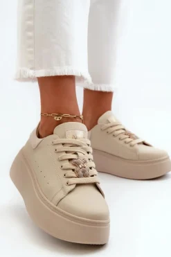 Buty damskie Vinceza Sneakersy Damskie*Damskie Skórzane Sneakersy Na Platformie Z Misiem Beżowe Vinceza 66641