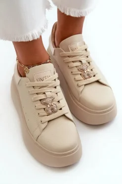 Buty damskie Vinceza Sneakersy Damskie*Damskie Skórzane Sneakersy Na Platformie Z Misiem Beżowe Vinceza 66641