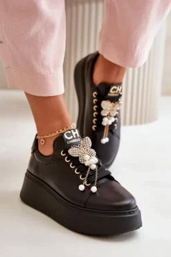 Discount CheBello Damskie Skórzane Sneakersy Na Platformie Z Motylem 4585 Czarne
