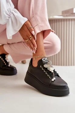 Discount CheBello Damskie Skórzane Sneakersy Na Platformie Z Motylem 4585 Czarne