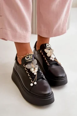 Discount CheBello Damskie Skórzane Sneakersy Na Platformie Z Motylem 4585 Czarne