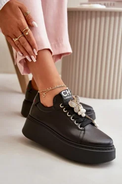 Discount CheBello Damskie Skórzane Sneakersy Na Platformie Z Motylem 4585 Czarne