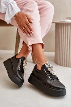 Discount CheBello Damskie Skórzane Sneakersy Na Platformie Z Motylem 4585 Czarne