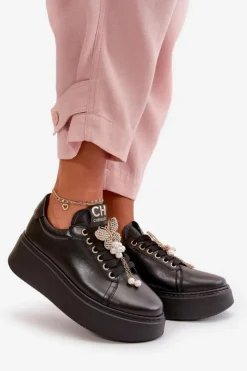 Discount CheBello Damskie Skórzane Sneakersy Na Platformie Z Motylem 4585 Czarne