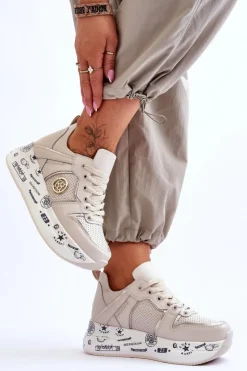 Damskie Evento Damskie Skórzane Sneakersy Na Masywnej Platformie Beżowe Asturia