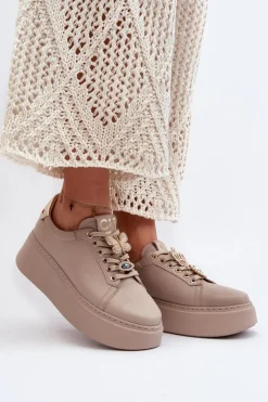 CheBello Buty Sportowe Na Platformie*Damskie Skórzane Sneakersy Z Ozdobami 4292 Beżowe
