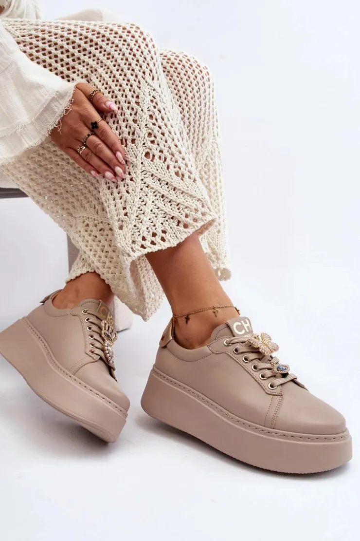 CheBello Buty Sportowe Na Platformie*Damskie Skórzane Sneakersy Z Ozdobami 4292 Beżowe