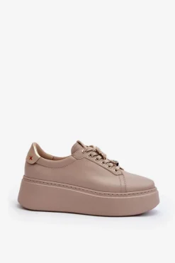 CheBello Buty Sportowe Na Platformie*Damskie Skórzane Sneakersy Z Ozdobami 4292 Beżowe