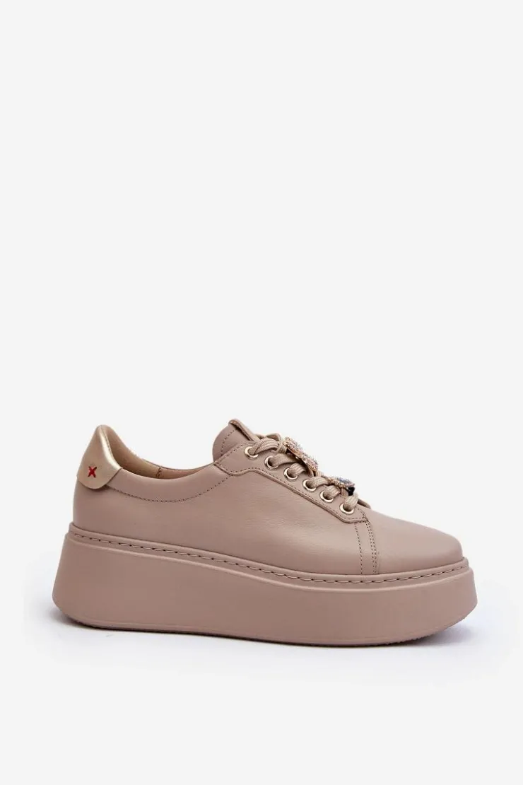 CheBello Buty Sportowe Na Platformie*Damskie Skórzane Sneakersy Z Ozdobami 4292 Beżowe