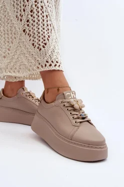 CheBello Buty Sportowe Na Platformie*Damskie Skórzane Sneakersy Z Ozdobami 4292 Beżowe