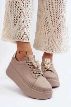 CheBello Buty Sportowe Na Platformie*Damskie Skórzane Sneakersy Z Ozdobami 4292 Beżowe