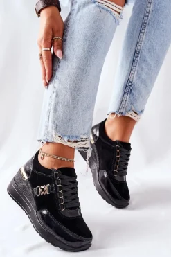 Damskie Damskie buty S.Barski Damskie Skórzane Sneakersy Na Koturnie Czarne Montessori