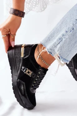 Damskie Damskie buty S.Barski Damskie Skórzane Sneakersy Na Koturnie Czarne Montessori