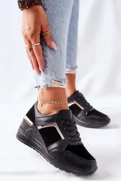 Clearance Damskie buty S.Barski Damskie Skórzane Sneakersy Na Koturnie Czarne Manitoba