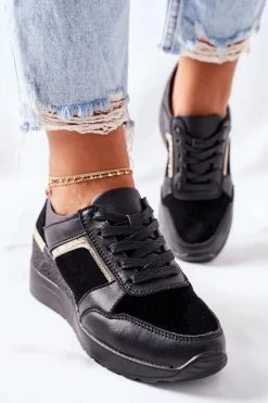 Clearance Damskie buty S.Barski Damskie Skórzane Sneakersy Na Koturnie Czarne Manitoba