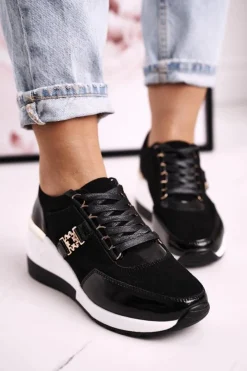 Damskie buty S.Barski Damskie Skórzane Sneakersy Na Koturnie Czarne Złote Roxette