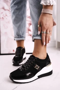 Damskie buty S.Barski Damskie Skórzane Sneakersy Na Koturnie Czarne Złote Roxette