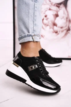 Damskie buty S.Barski Damskie Skórzane Sneakersy Na Koturnie Czarne Złote Roxette