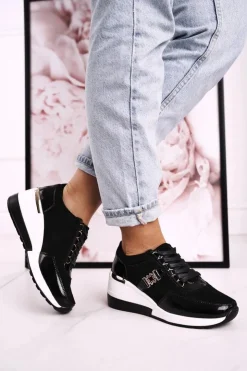 Damskie buty S.Barski Damskie Skórzane Sneakersy Na Koturnie Czarne Złote Roxette