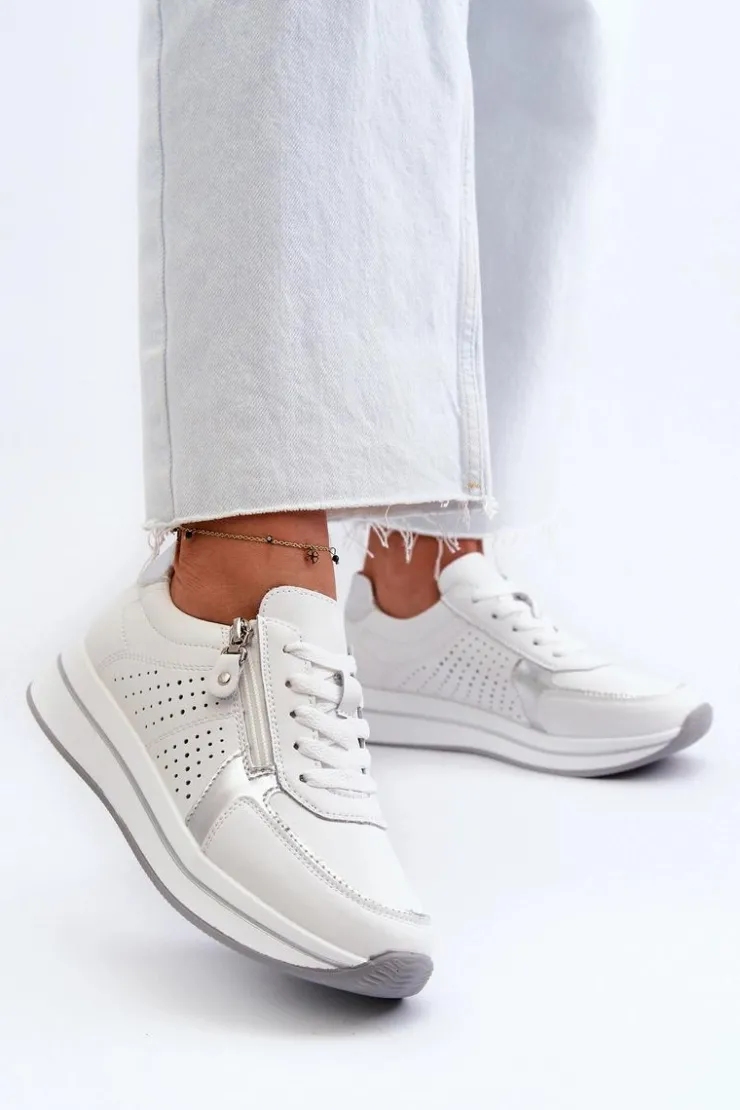 Evento Sneakersy Damskie*Damskie Skórzane Sneakersy Na Platformie Białe Ligustra Biały